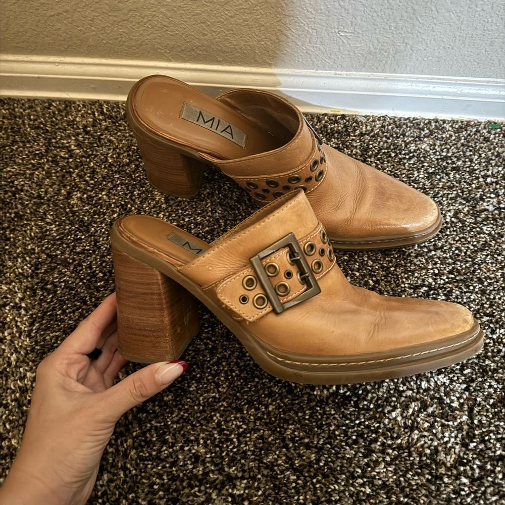 Vtg Y2K MIA Leather Block Heel Western Pointed Toe Boot Mule Sz 8 Harness‎ Strap